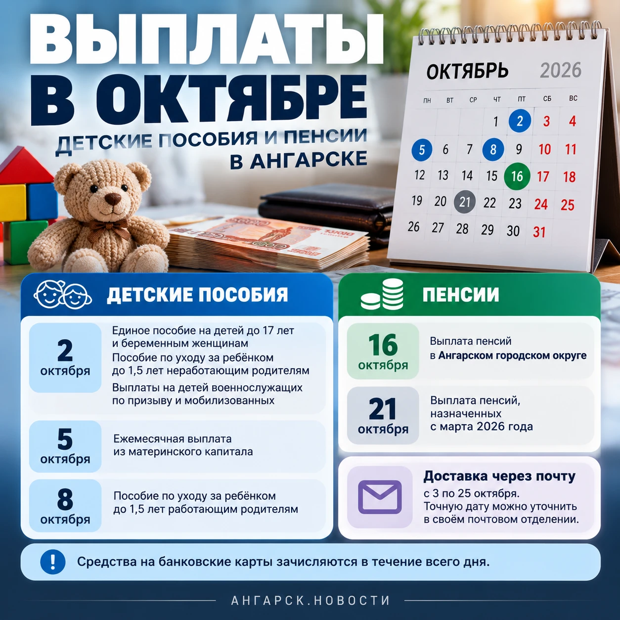 Пенсии в Ангарске выплатят 16 октября: опубликован график пособий и пенсий
