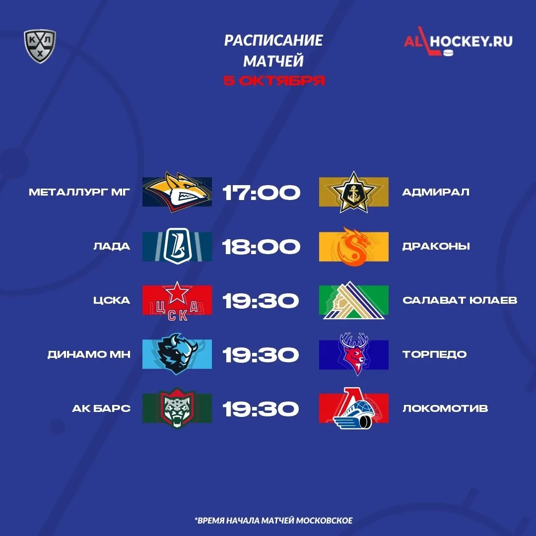 🗓 Расписание матчей игрового дня в регулярном чемпионате КХЛ 🏒