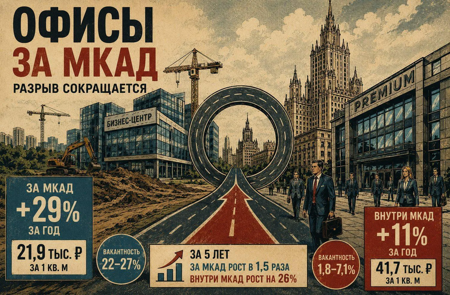 🏢 Аренда офисов за МКАД за год выросла на 29% до 21,9 тысяч рублей за квадратный метр. 

Внутри МКА
