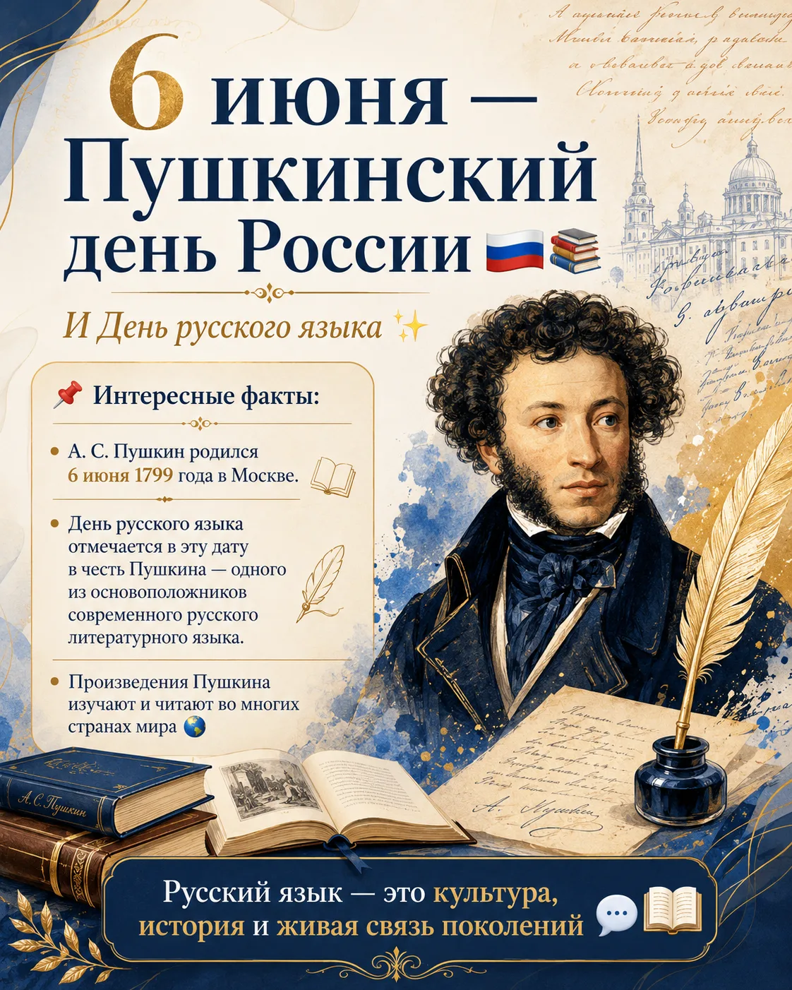 6 июня — Пушкинский день России и День русского языка 🇷🇺📚