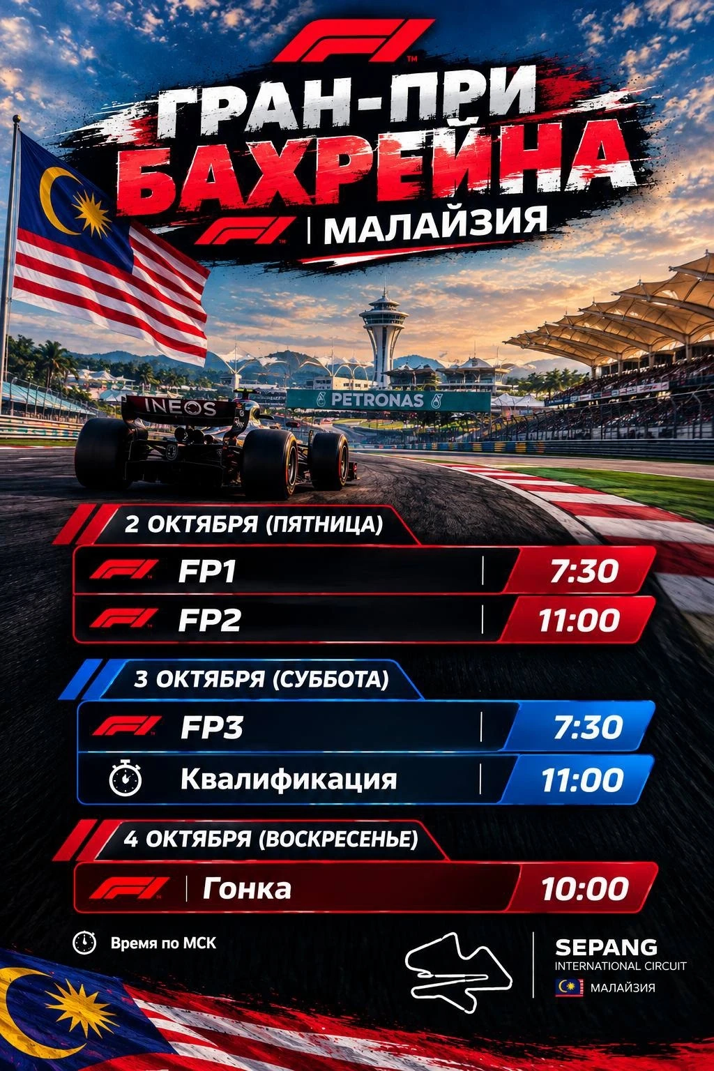Расписание трансляций Гран-при Бахрейна в Малайзии (время мск.)
