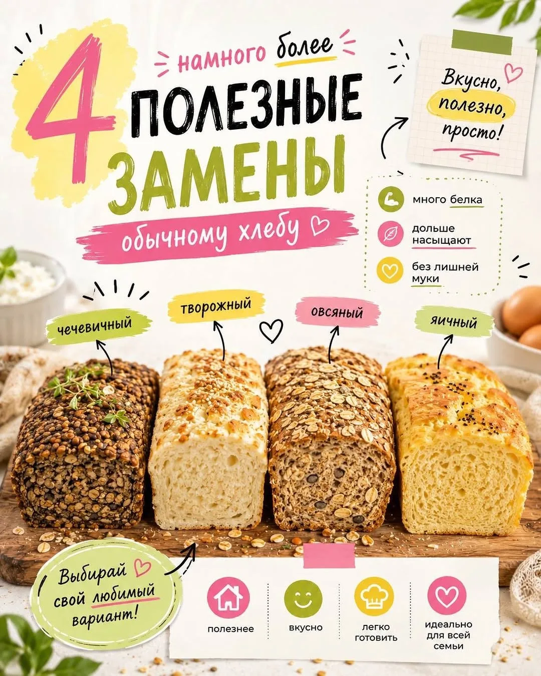 🍞Полезные замены обычному хлебу
#выпечка #ппрецепты

Домашний полезный хлеб может быть не только ПП