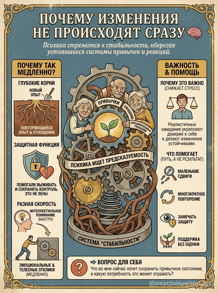 Почему изменения не происходят сразу 🧠

Психологические изменения редко бывают мгновенными, потому 