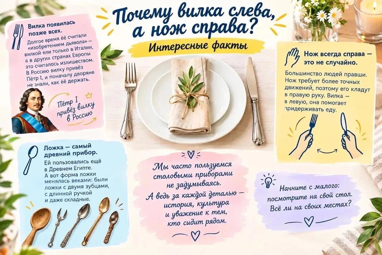 🍴 Почему вилка слева, а нож справа? История столовых приборов ✨