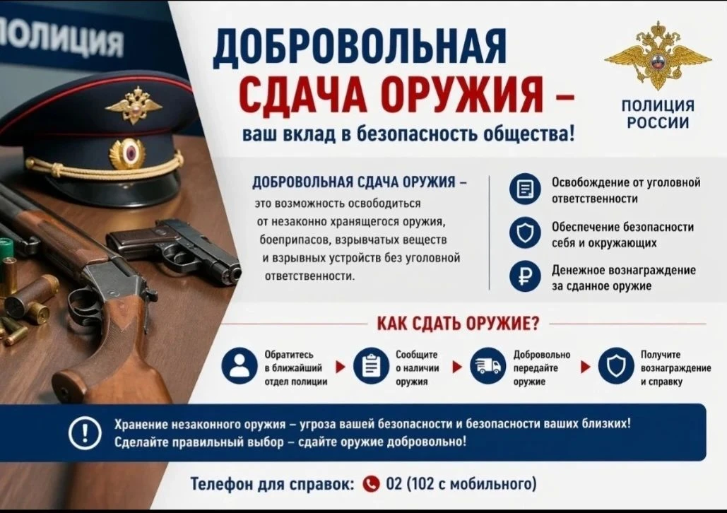 За добровольную сдачу незаконно хранящегося оружия предусмотрено вознаграждение
