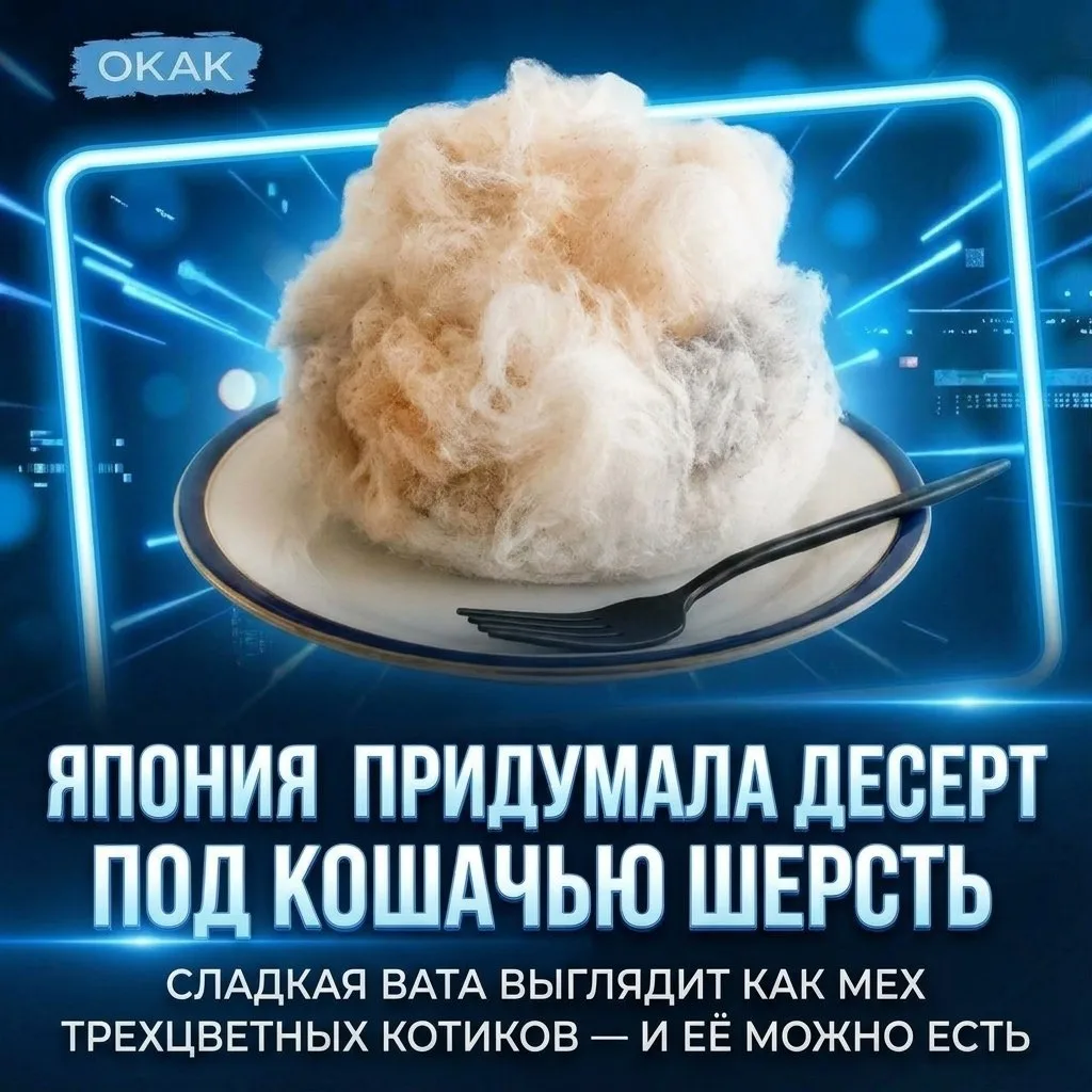 🐈🍰 Япония придумала десерт под кошачью шерсть: сладкая вата выглядит как мех трёхцвет...
