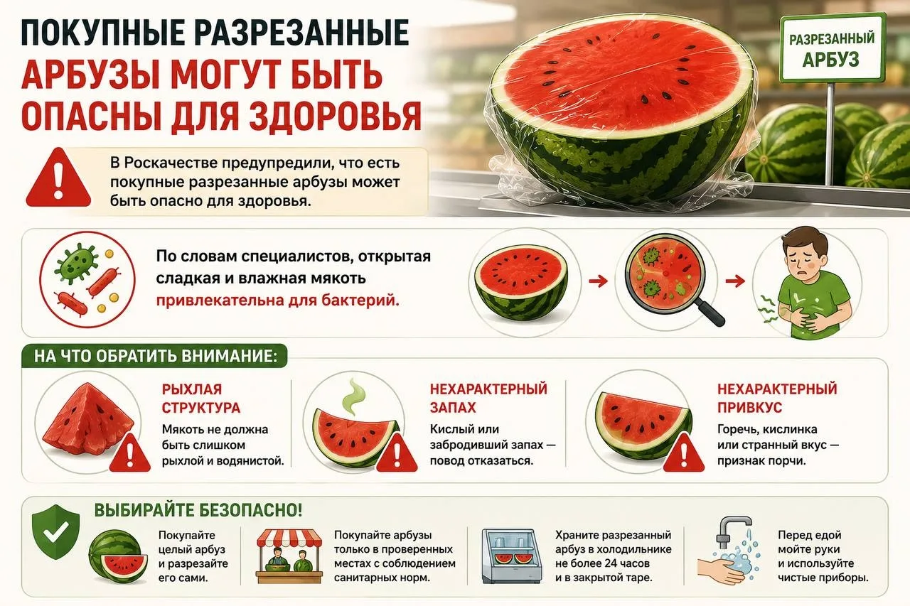 Есть покупные разрезанные арбузы может быть опасным для здоровья, предупредили в Роскачестве. 

По с