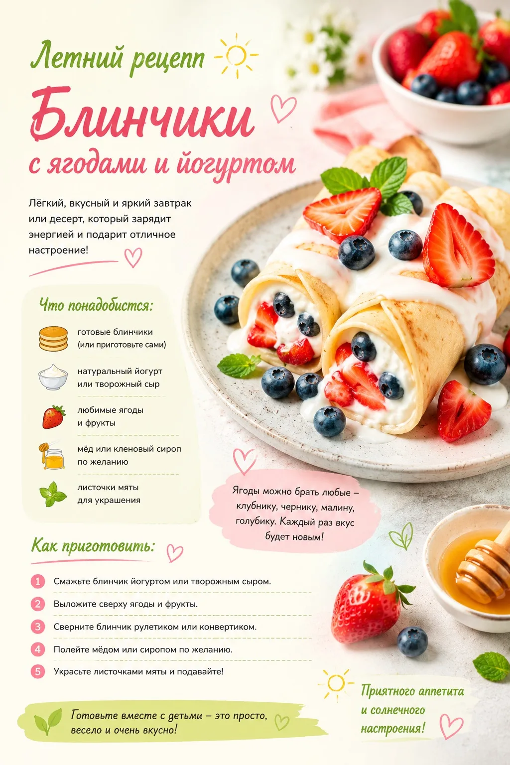 🥞🍓 Летний рецепт: блинчики с ягодами и йогуртом

Летом особенно хочется лёгких, ярких и вкусных бл