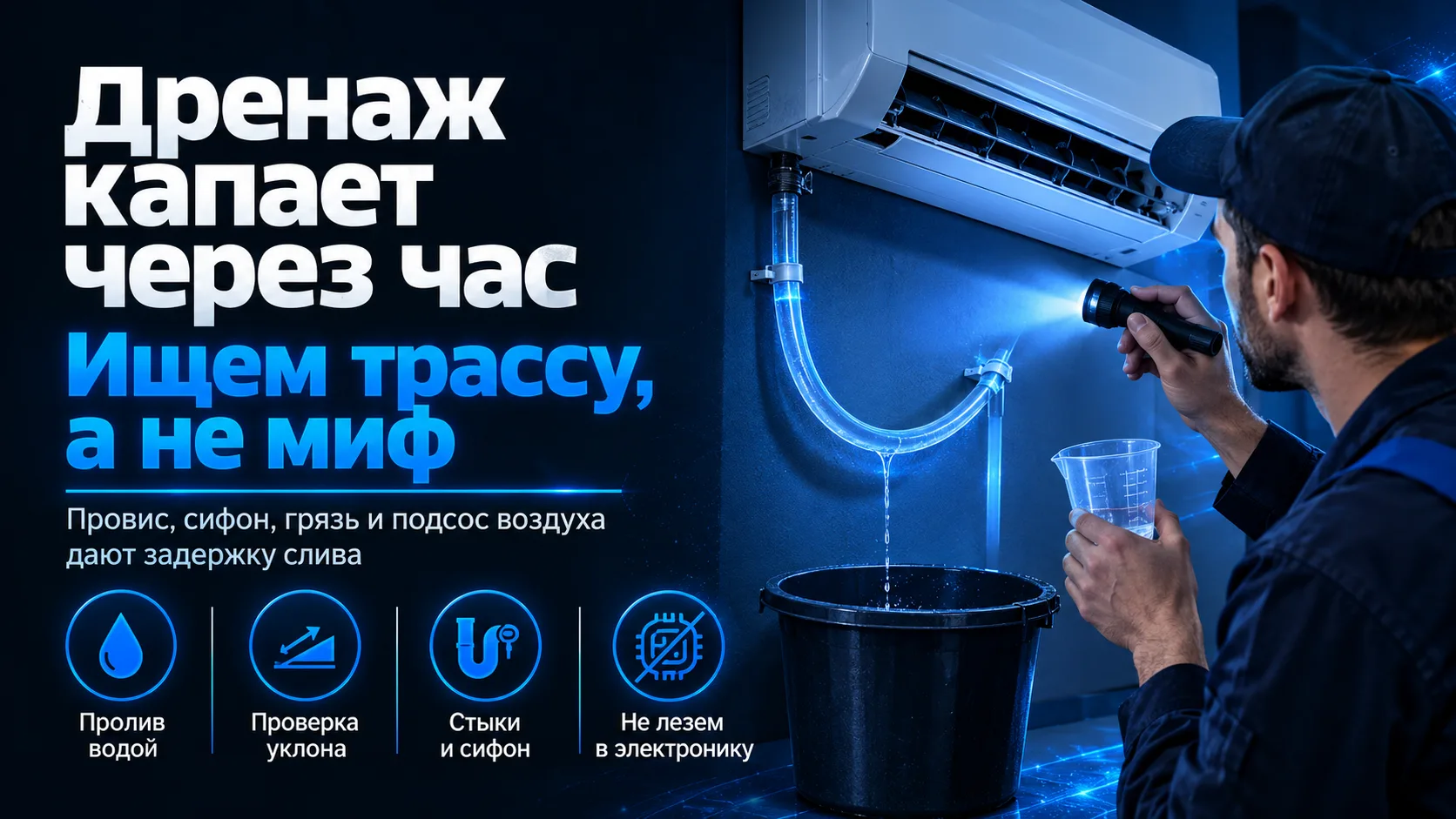 Если дренаж у кондиционера начинает капать не сразу, а только через час работы, первым ...