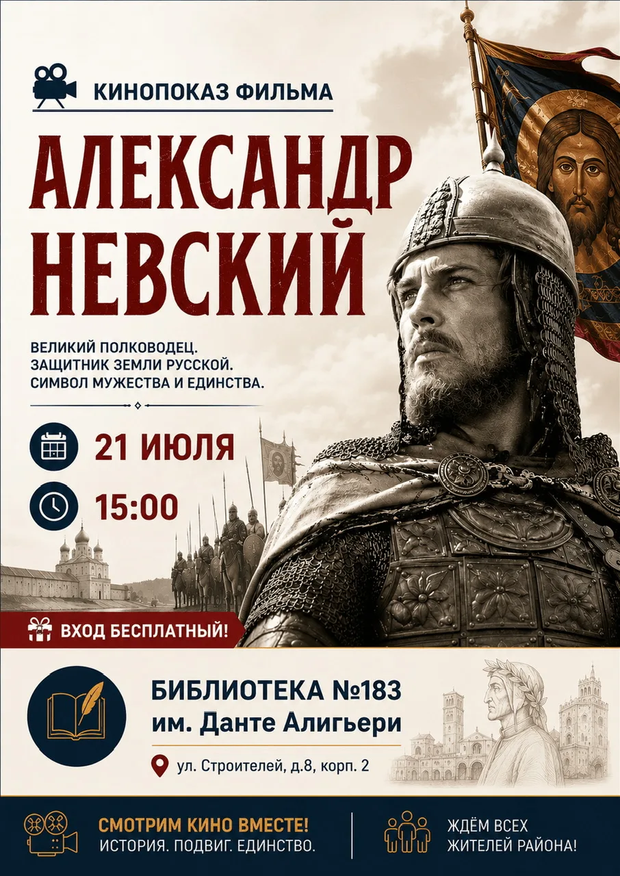 ⭐️Дорогие друзья! 
Приглашаем вас на кинопоказ легендарного фильма! 

🎬«Александр Невский» – велики