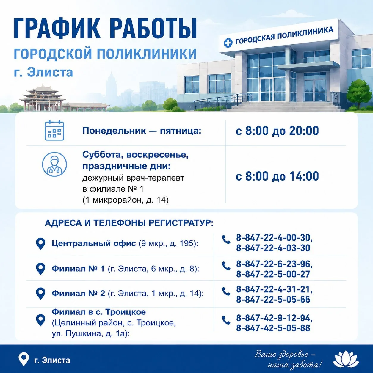 Друзья, публикуем информацию о режиме работы Городской поликлиники и ее филиалов.
