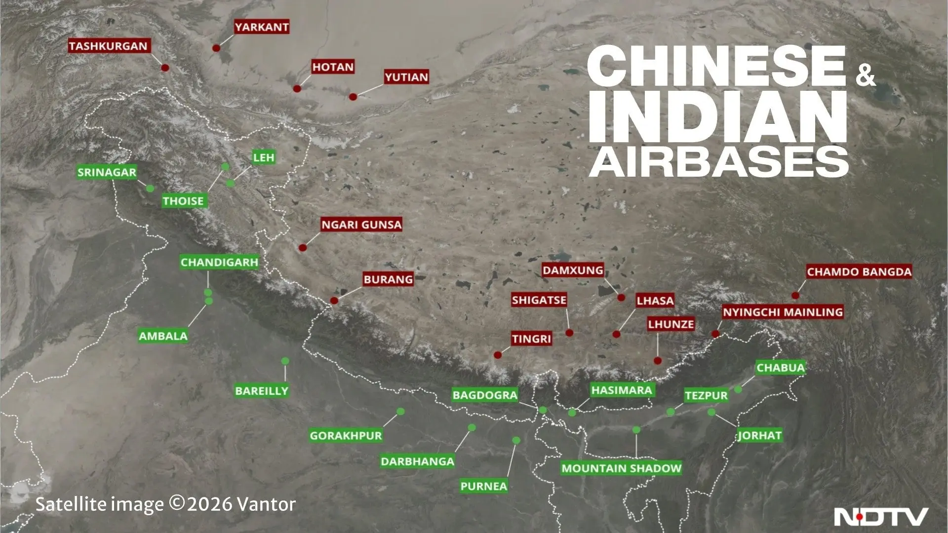 🇨🇳 Сеть китайских аэродромов (красная подсветка) на границе с Индией