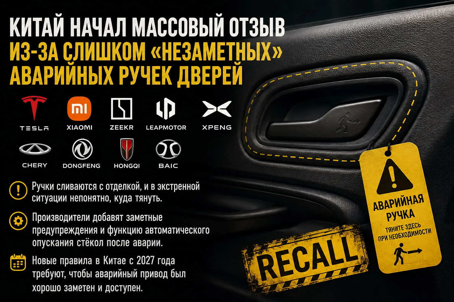 Китай начал массовый отзыв автомобилей из-за слишком «незаметных» аварийных ручек дверей.