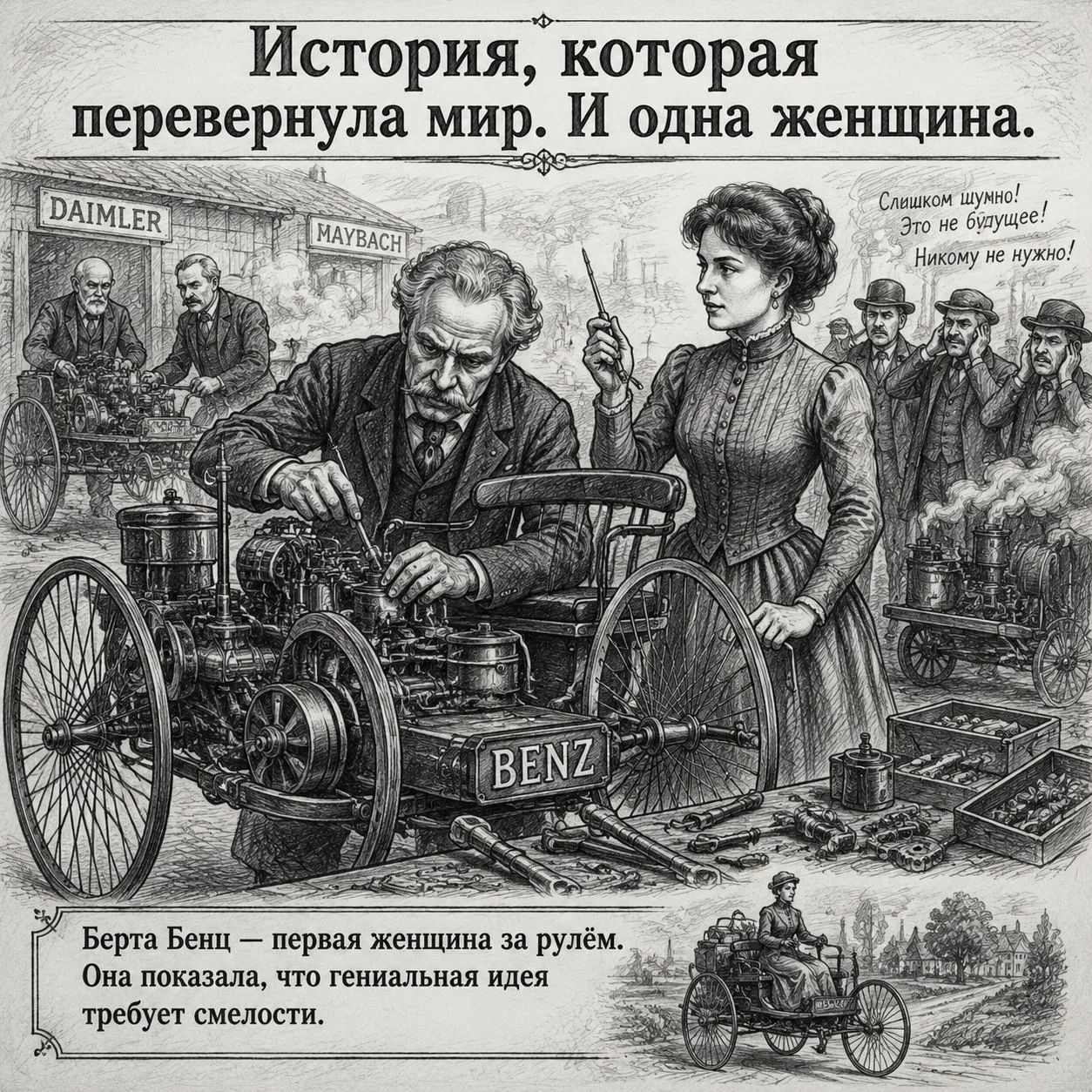 Все знают: первый автомобиль изобрёл Карл Бенц.

Но мало кто знает детали.

Бенц вырос без отца, с д