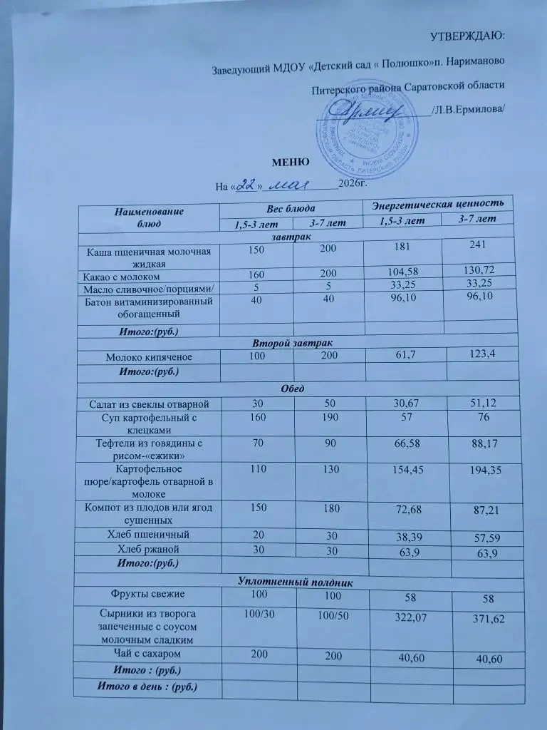 Меню на 22.05.2026г