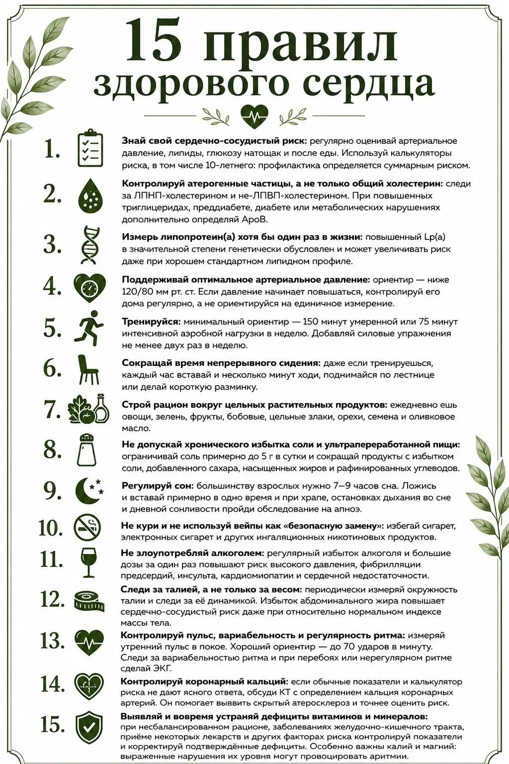 ✅ Удобно сохранить, легко поделиться с близкими: 15 правил здорового сердца