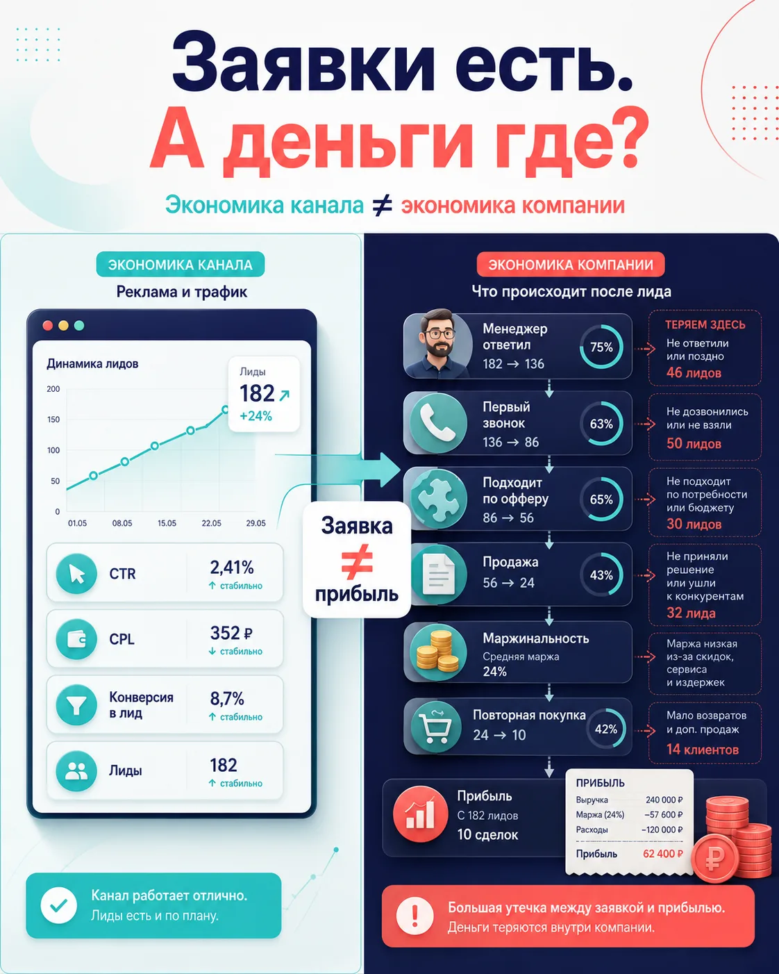 Реклама настроена нормально, а деньги в бизнесе всё равно не сходятся.