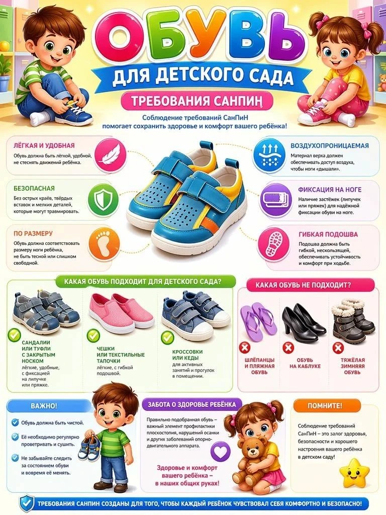 Что говорит СанПиН

Прямого документа, который бы детально расписывал требования именно к обуви, нет