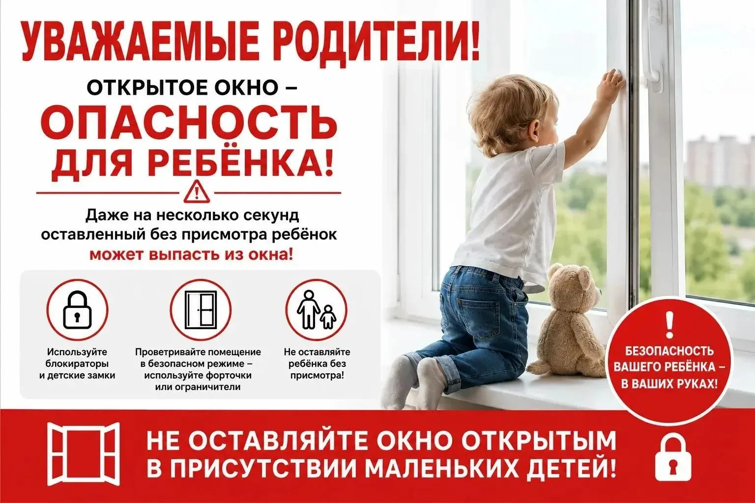 ⚠️ Внимание, родители: окно — это не место для игр!

С наступлением тепла мы всё чаще открываем окна