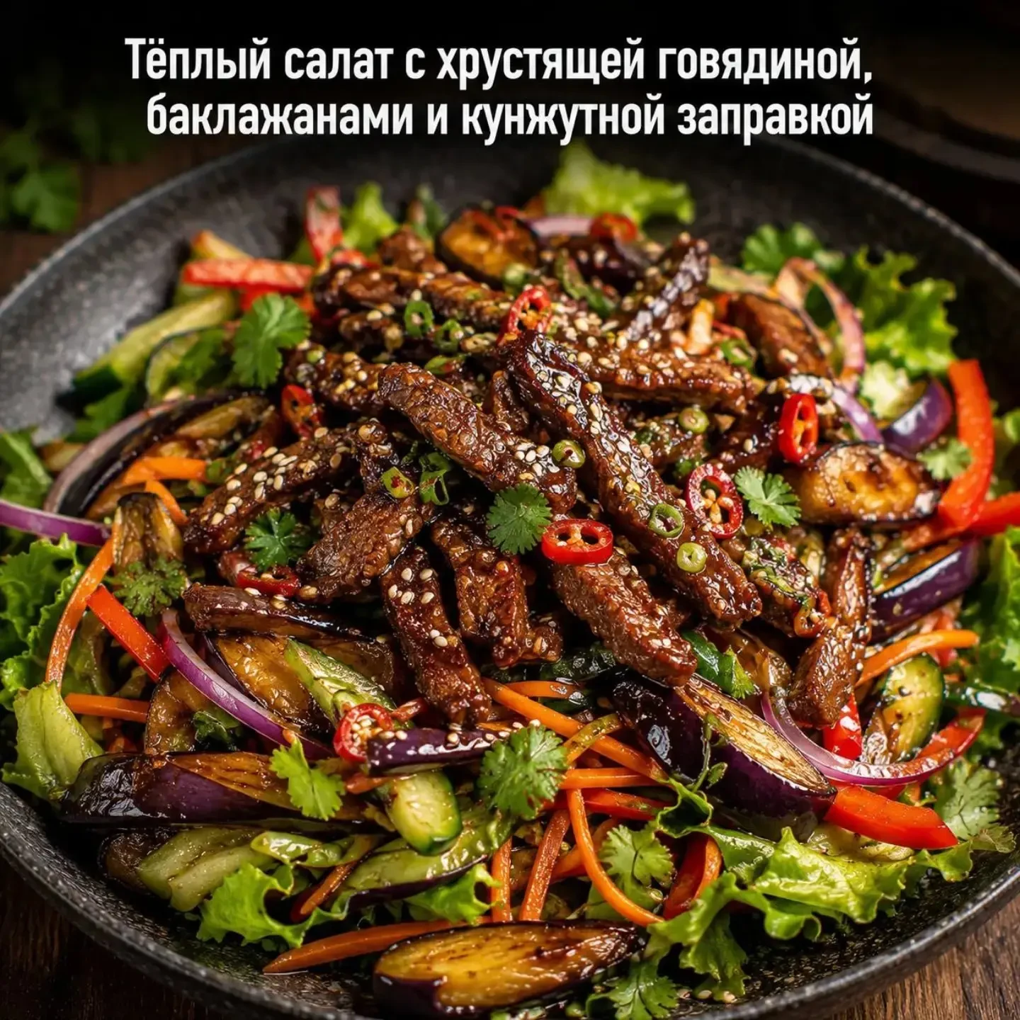 🥩 Тёплый салат с хрустящей говядиной и баклажанами