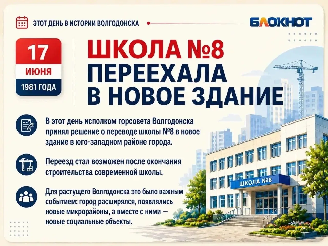Исторический рубеж: 17 июня 1981 года — новоселье школы №8 в новом здании.
Ровно 45 лет назад, 17 ию