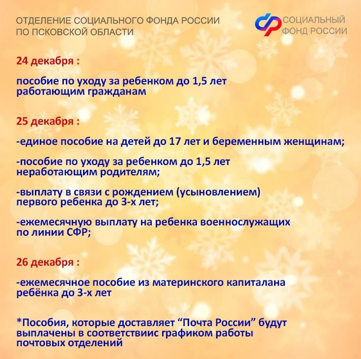 🎄Перед новогодними праздниками Отделение СФР по Псковской области досрочно перечислит на банковские 