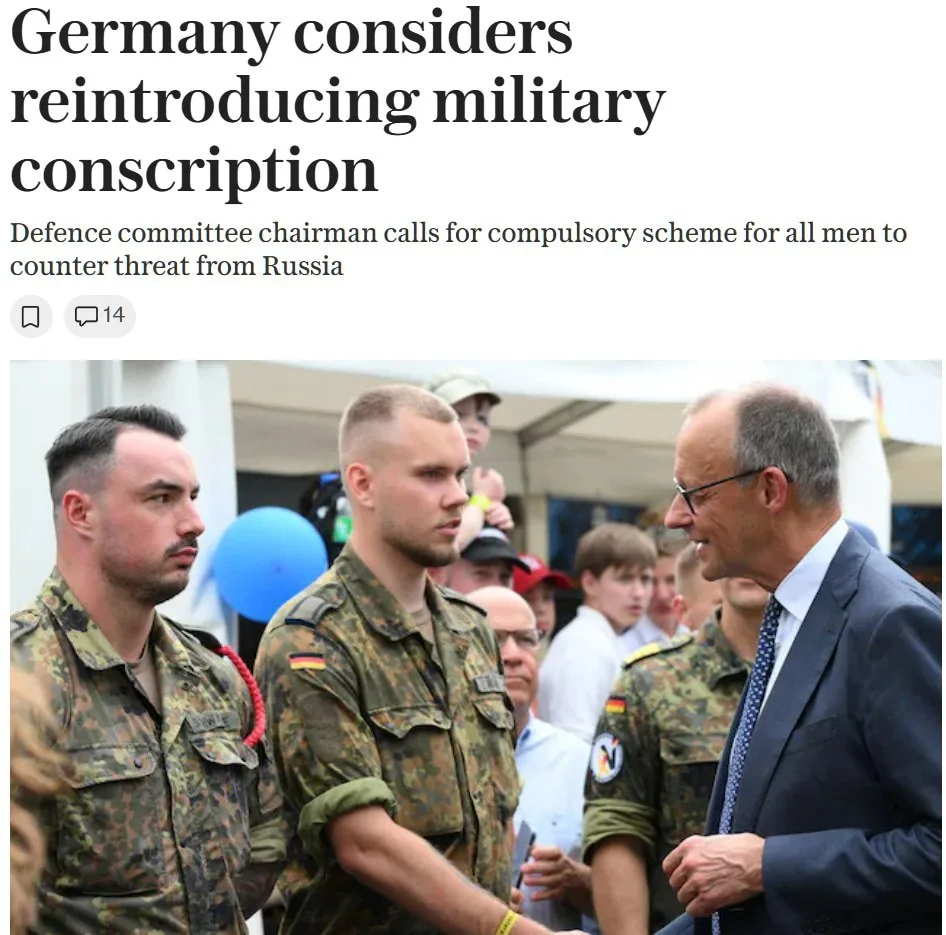 ⚡️Германия может вернуть обязательный призыв для мужчин к 2027 году — The Telegraph.