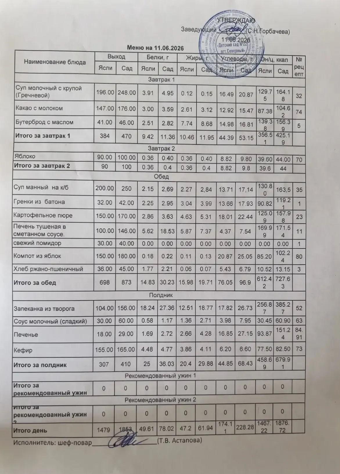Предлагаем вашему вниманию 👆👀 меню на  11. 06. 2026 г.