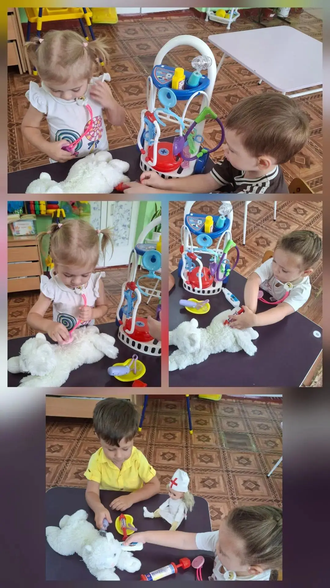 К малышам ясельной группы пришла любимица кошка Мурка, которая заболела. Ребята с удово...