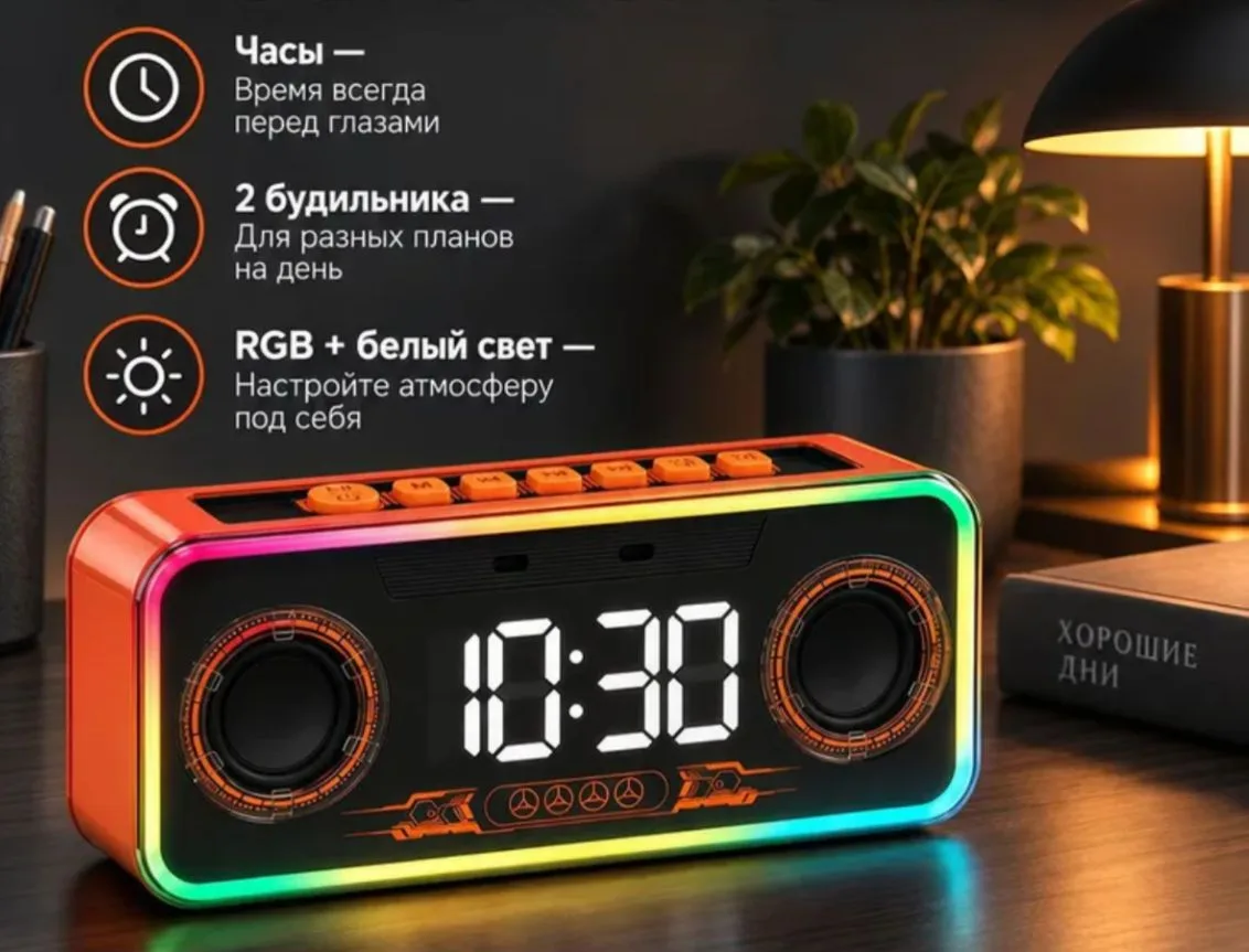 Колонка блютуз беспроводная Franeda FD-B013 с часами, 2 будильниками и RGB-подсветкой