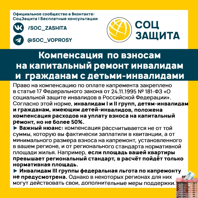 Компенсация по взносам на капитальный ремонт инвалидам и гражданам с детьми-инвалидами.
