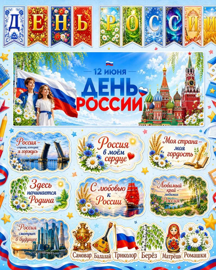 🇷🇺 К 12 июня яркие материалы для оформления группы, класса или тематического уголка — флажки «Моя 