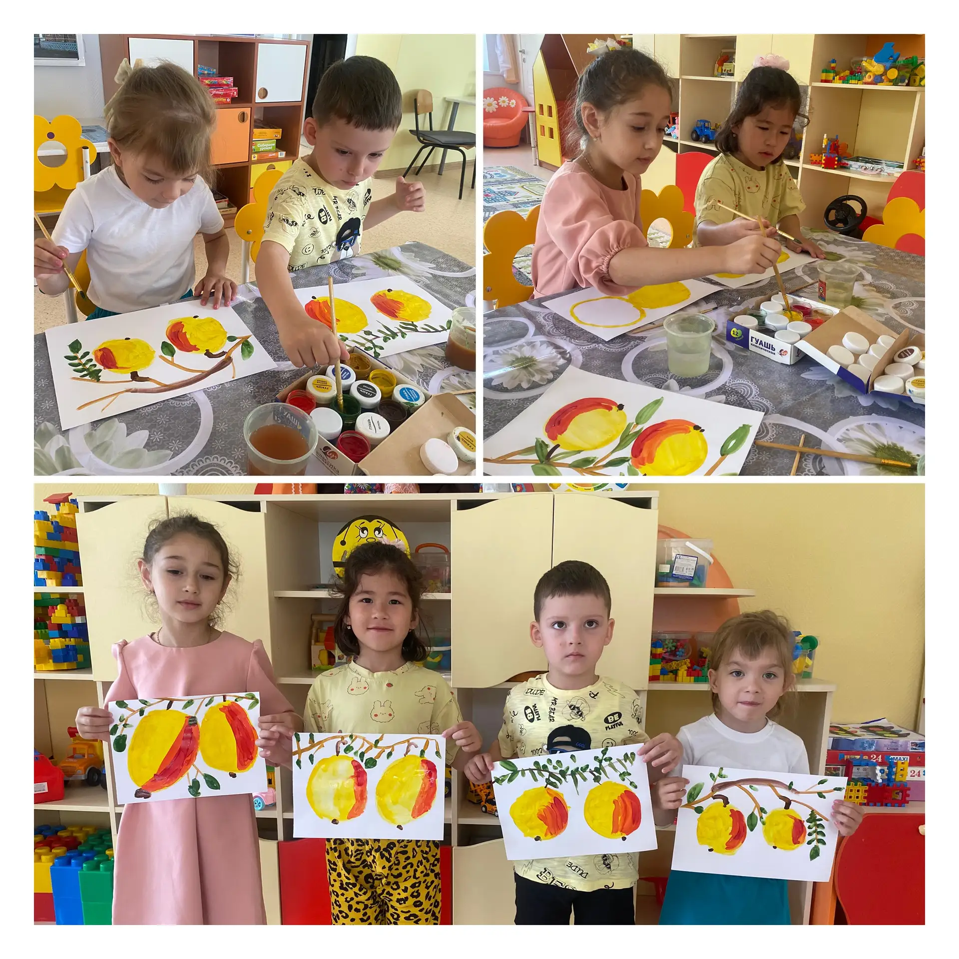 🍎 В группах "Солнышко" и "Колобок" дошкольники учились изображать яблоки: смешивали краски гуаши, р