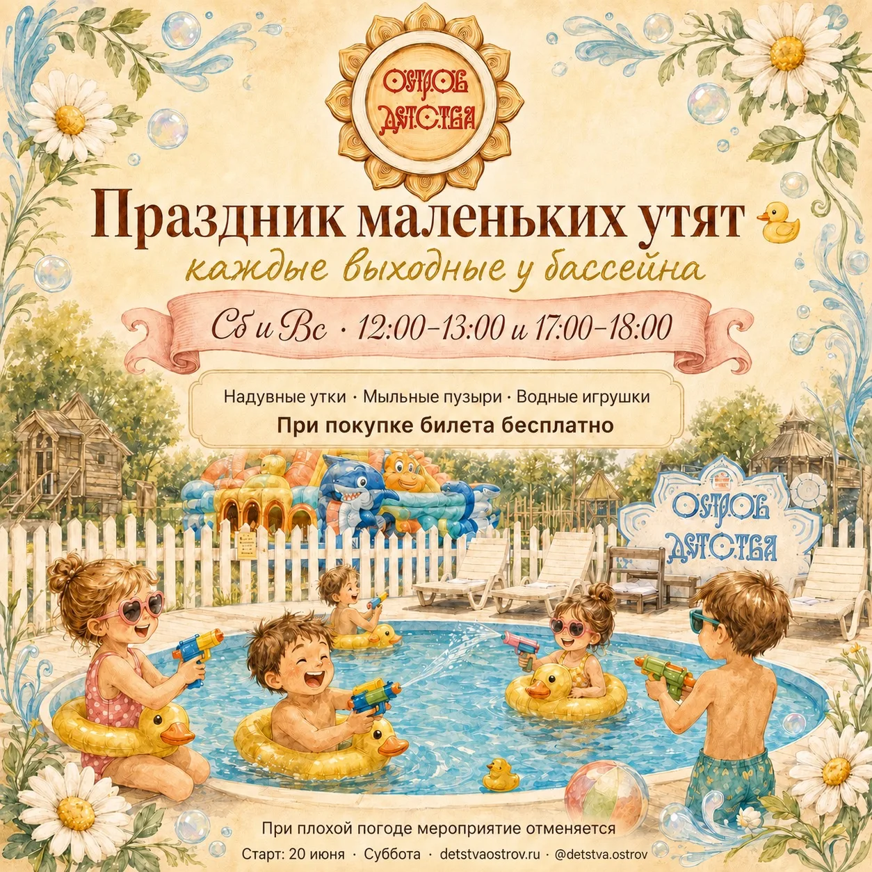 Объявляем новый формат в Острове Детства☀️

🫧Праздник маленьких утят 
— каждые выходные у бассейна.