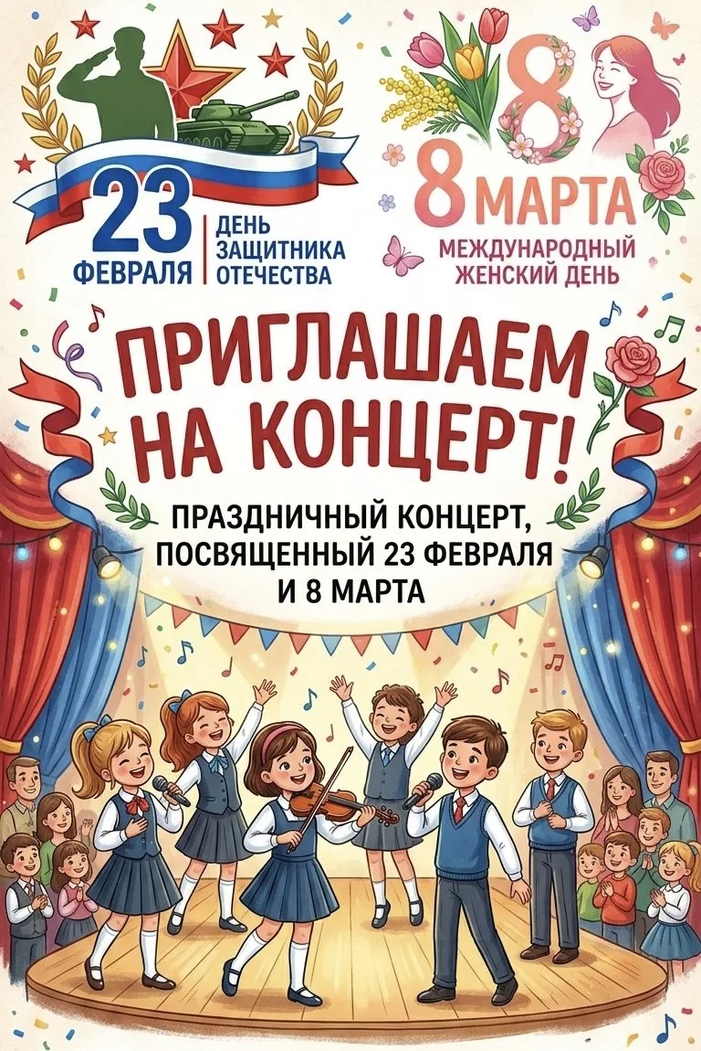 📣 Уважаемые учителя и родители, приглашаем вас на праздничный концерт, посвящённый Дню защитника Оте