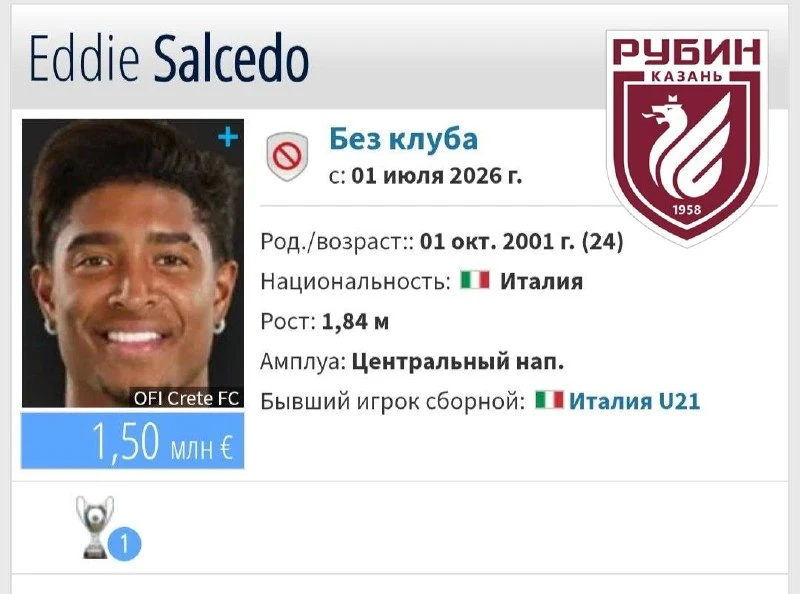 ⚡️🇮🇹 «Рубин» близок к подписанию 24-летнего итальянского форварда Эдди Сальседо на пр...