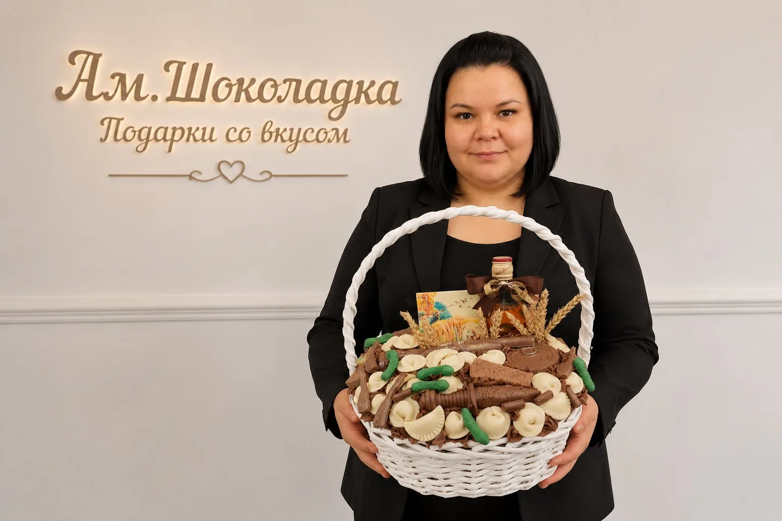 Шикарные мужские корзины с шоколадом в виде пельменей с фундуком, огурчиков, хлеба из м...
