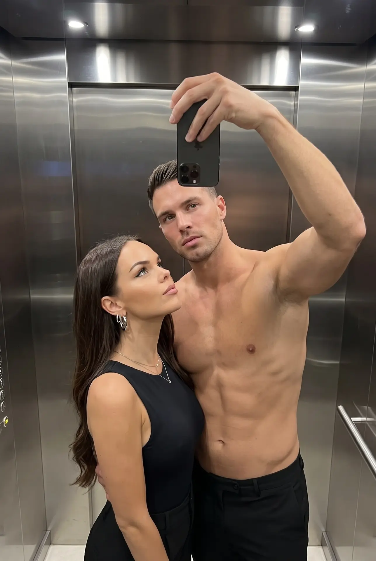 Ultra-realistic vertical elevator selfie photographed from a high angle. A stylish coup...