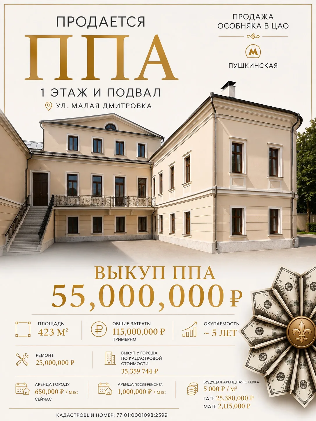 Продается ППА 1 этаж и подвал в центре Москвы, на ул.малая дмитровка