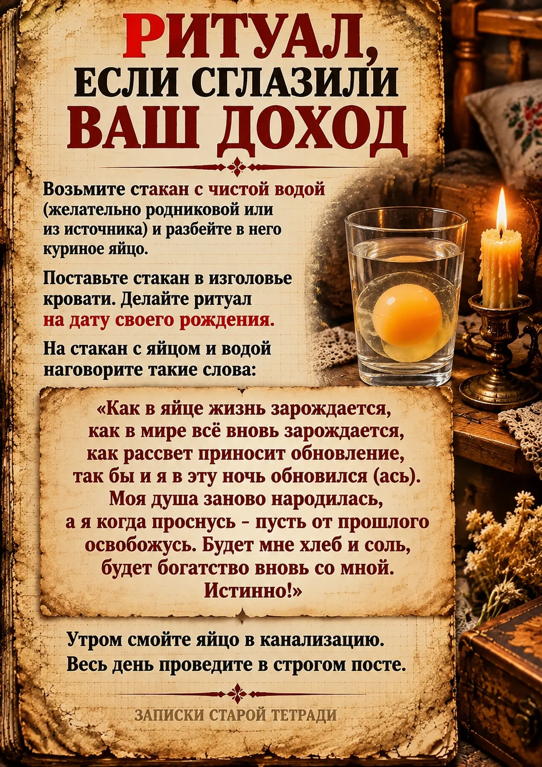 Перед сном поставьте стакан с водой и яйцом у изголовья кровати, как указано в записи, ...