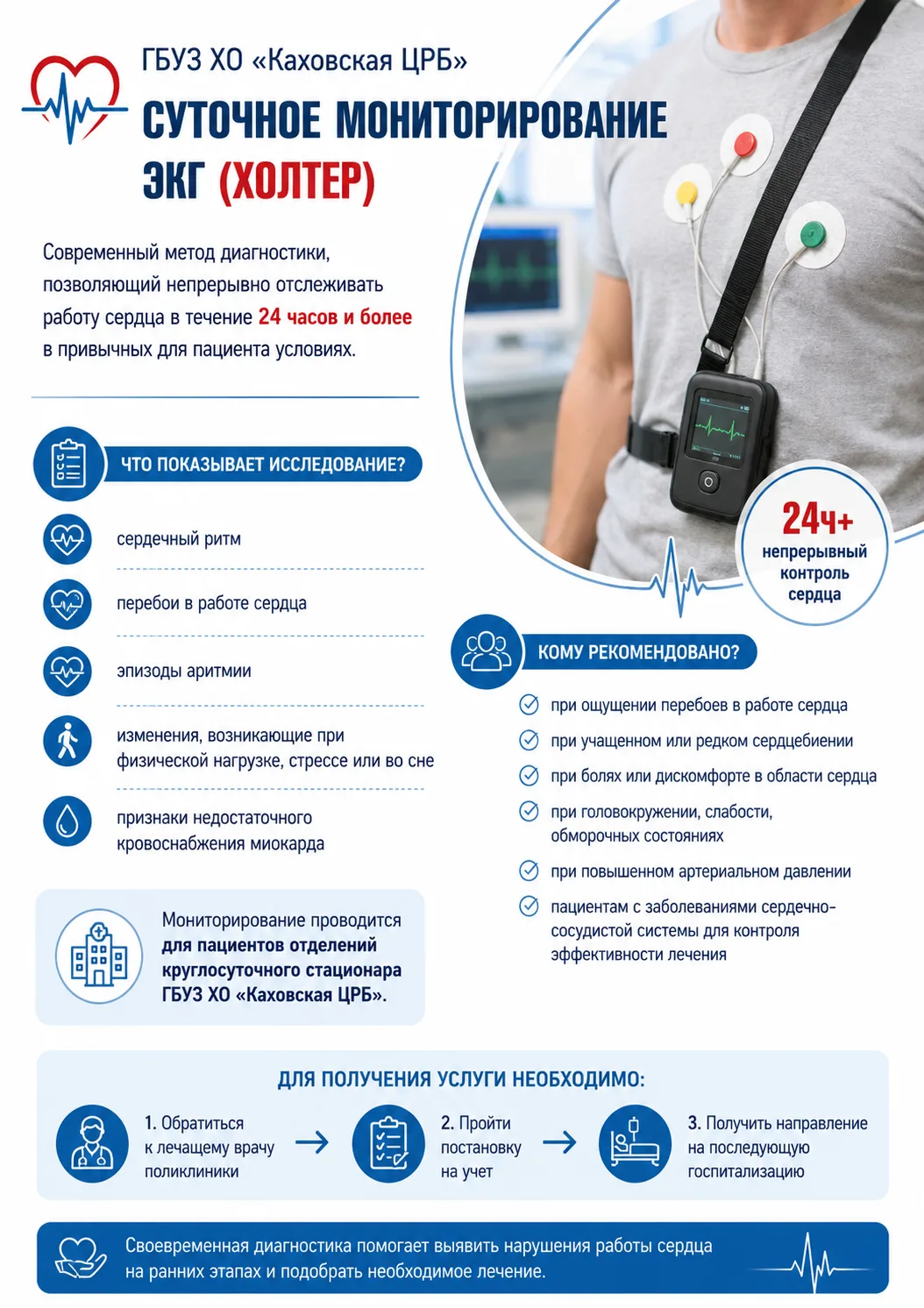 🫀 В ГБУЗ ХО «Каховская ЦРБ» проводится суточное мониторирование ЭКГ (Холтер)