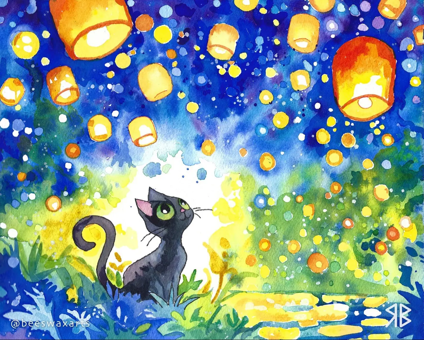 Светлячки, фонарики, звёзды и кот. 

Акварель, тушь на бумаге.

Рисование для всех