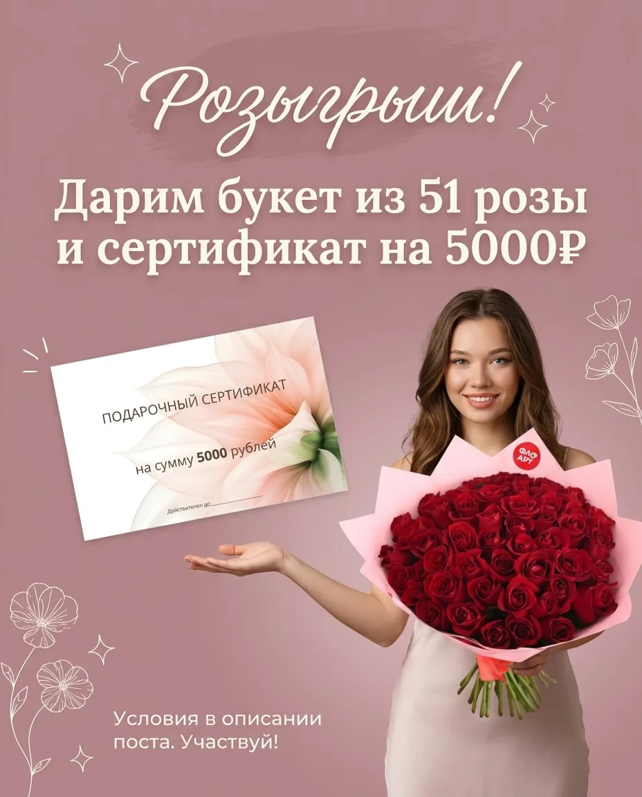 🏁 КОНКУРС ЗАВЕРШЁН!

📌 Дарим 51 розу и сертификат на 5000₽!

Условия очень просты:

✅ подписаться 