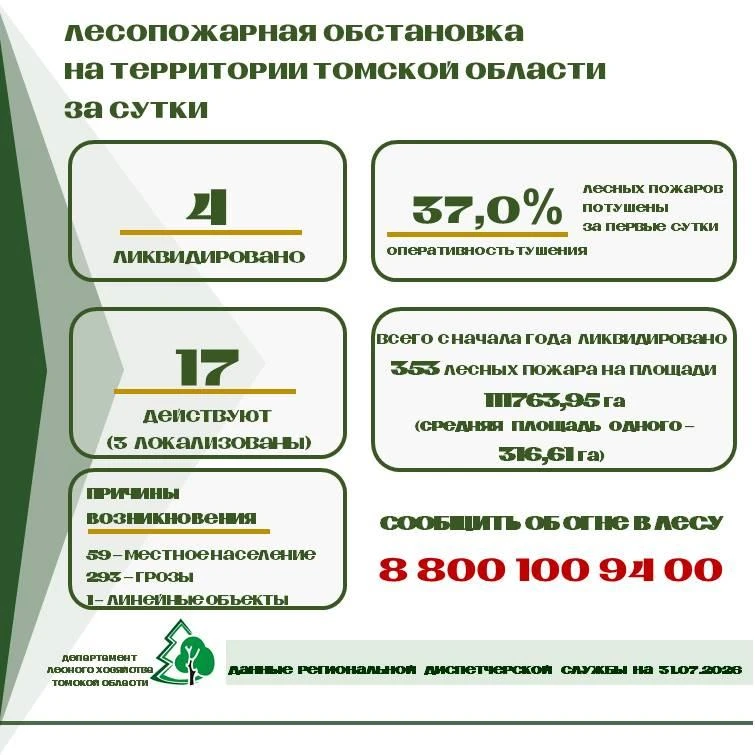📌 За прошедшие сутки в Томской области ликвидировано 4 лесных пожара на территории  Верхнекетского,
