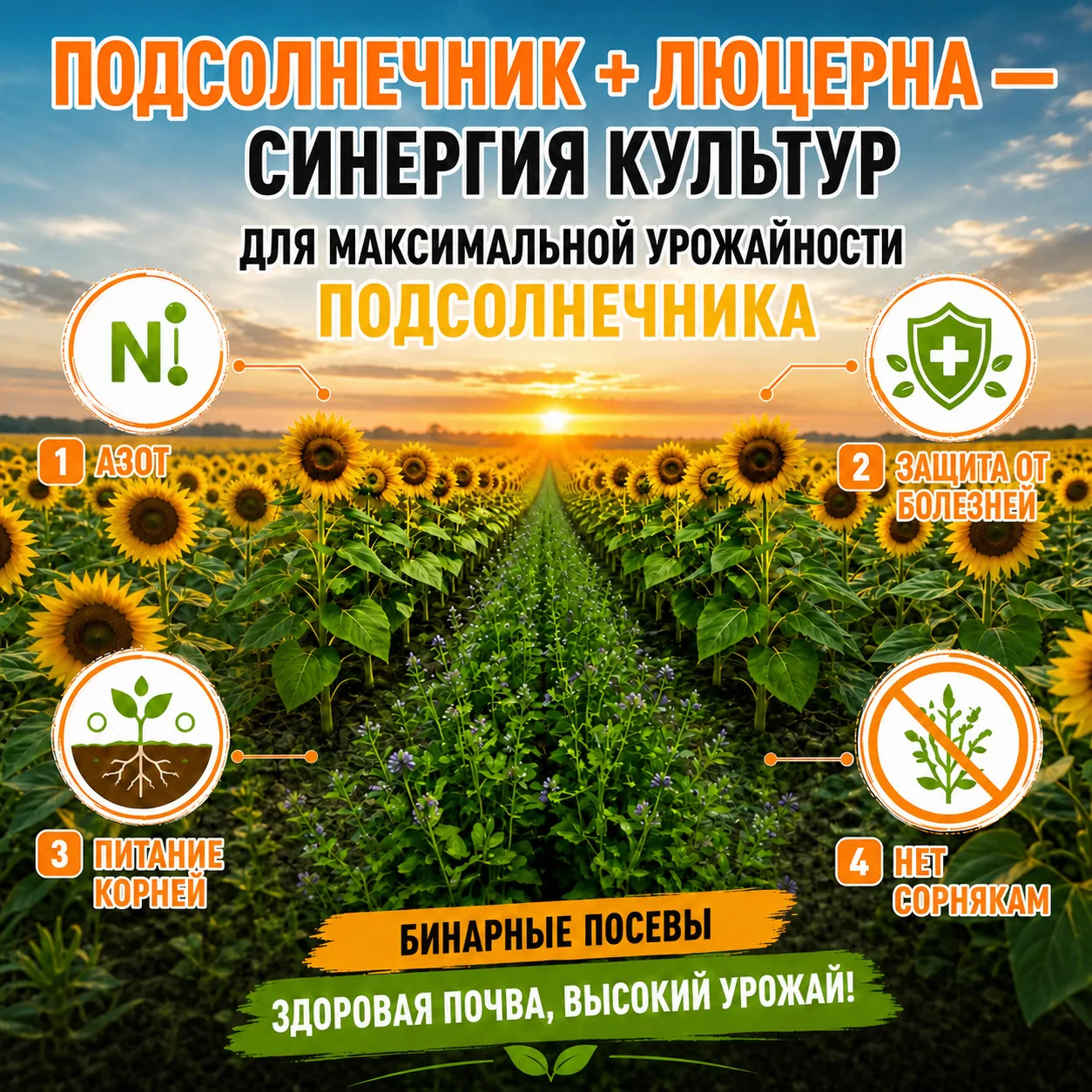 🌾 БИНАРНЫЕ ПОСЕВЫ: ПОДСОЛНЕЧНИК + ЛЮЦЕРНА — СИНЕРГИЯ КУЛЬТУР
 
В разгар лета самое время посмотреть
