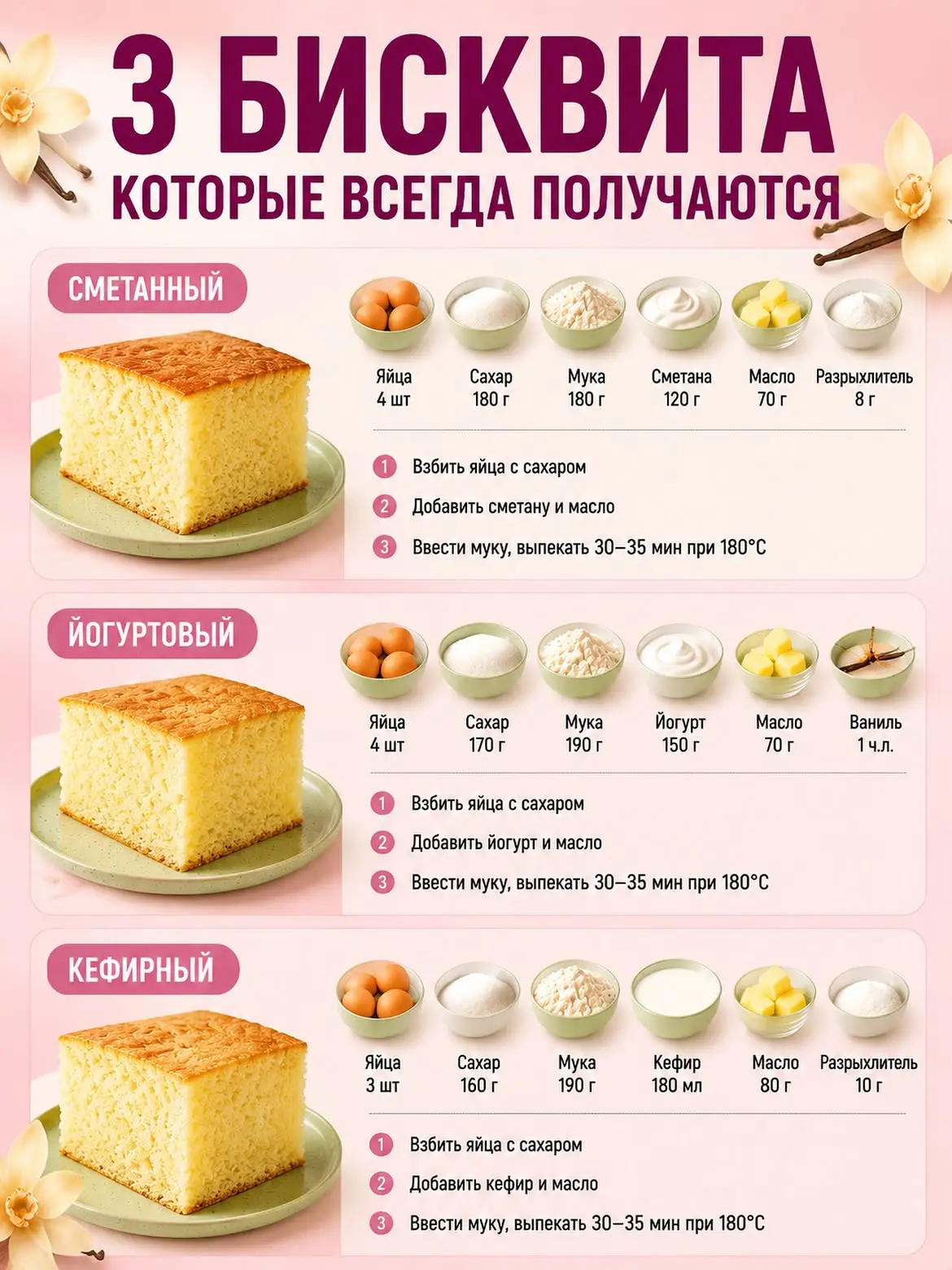 🍰 Три бисквита, которые всегда получаются!