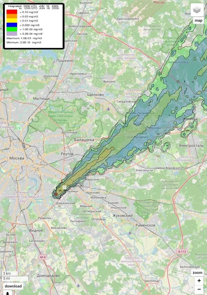 ⚡️ Meteoweb опубликовал прогноз распространения дыма от НПЗ в Капотне на 18–19 июня.