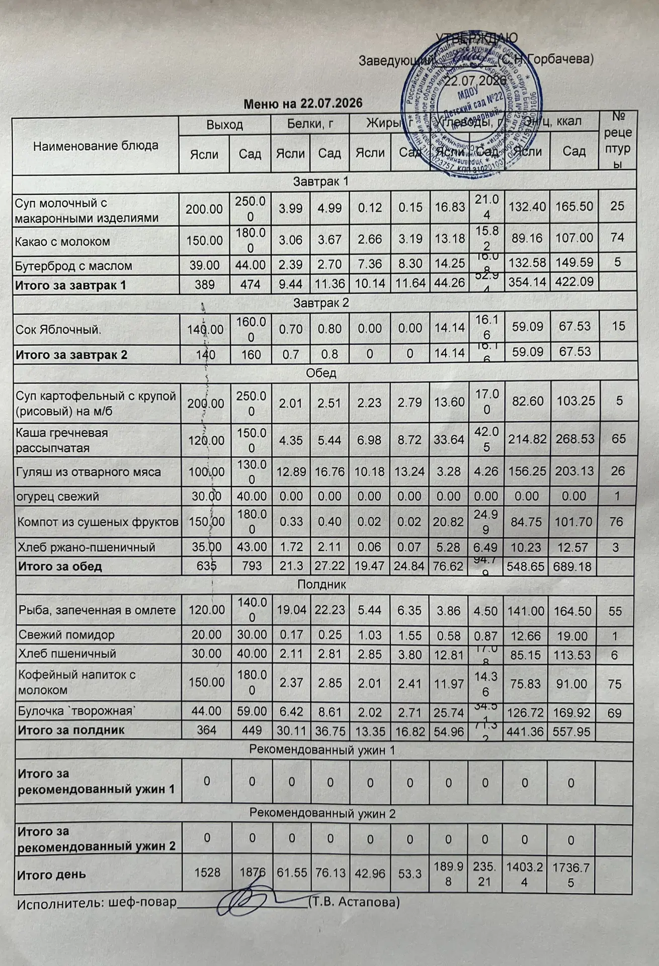 Предлагаем вашему вниманию 👆👀 меню на  22. 07. 2026 г.