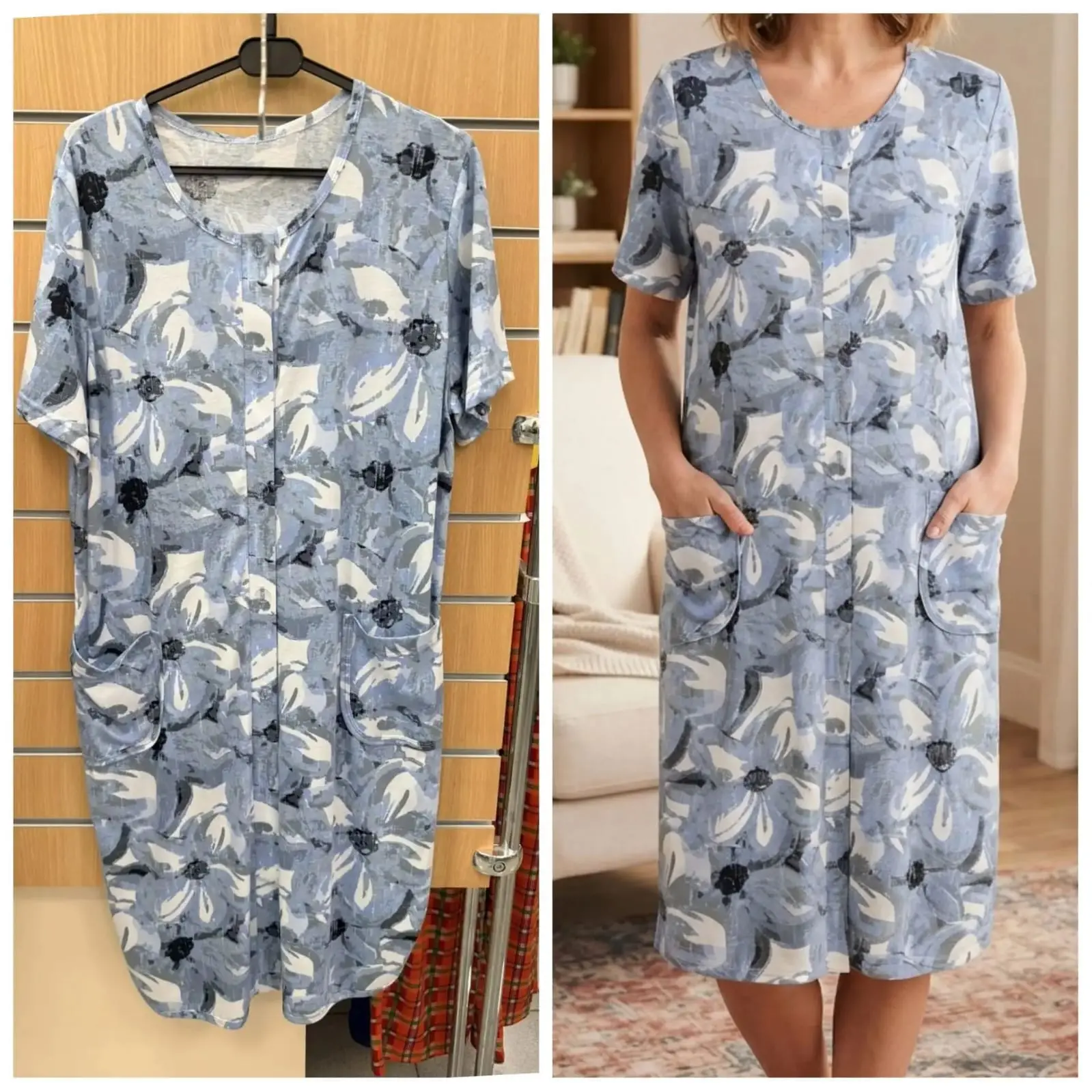 Лёгкий халат с планкой на пуговицах и накладными карманами. 
🧵 Состав: хлопок 100% 
📏 Размеры: уто