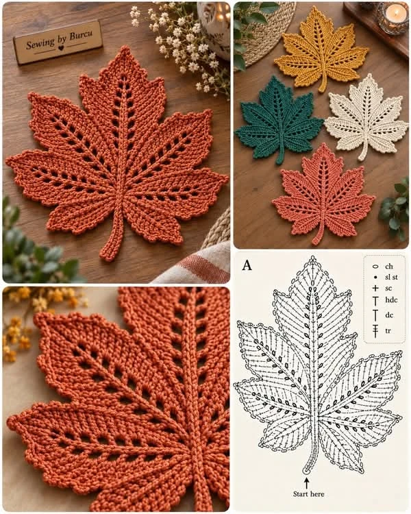 🍁 Свяжите стильный кленовый лист крючком — идеальный осенний акцент!